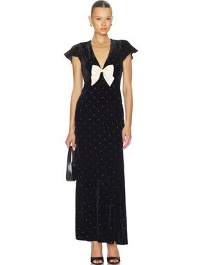 LoveShackFancy Black Velvet Maxi Dress with Ivory Bow
